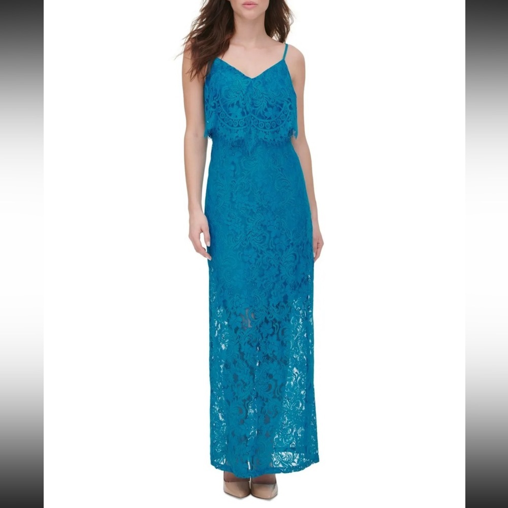 Women’s Formal Dress Size 16 GUESS Teal Spaghetti Strap Full-Length Lace Gown